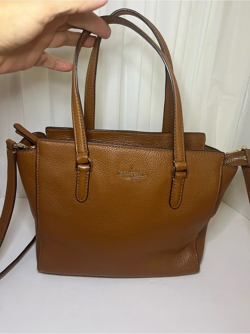 kate spade Tan Pebbled Leather Satchel with Gold Logo